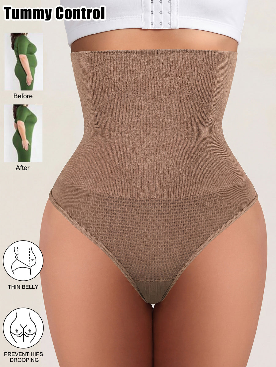 Black high waist seamless tummy control panties for women featuring high-stretch knitted fabric and contrast mesh details.