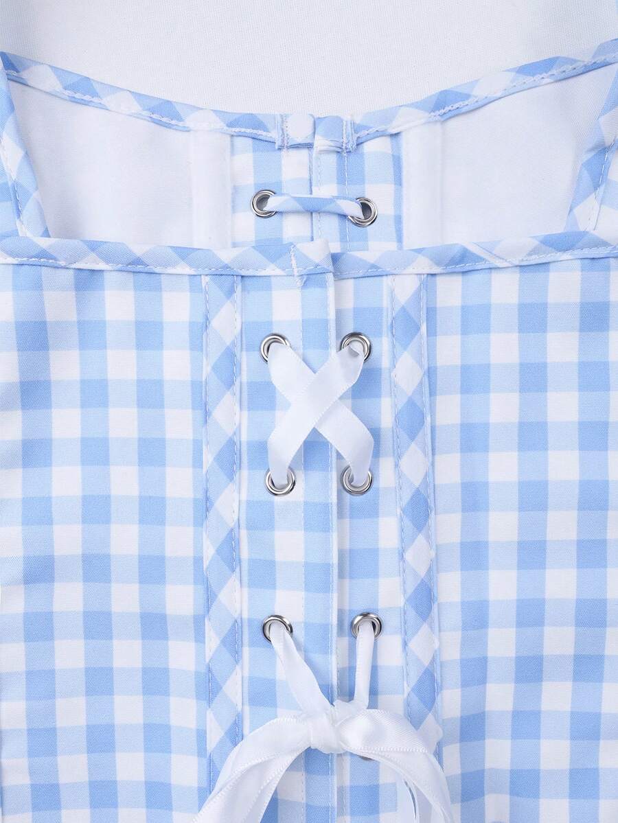 Apperloth women's red plaid corset top featuring a lace-up front with bow detail, shoulder straps, and a slim cropped fit.