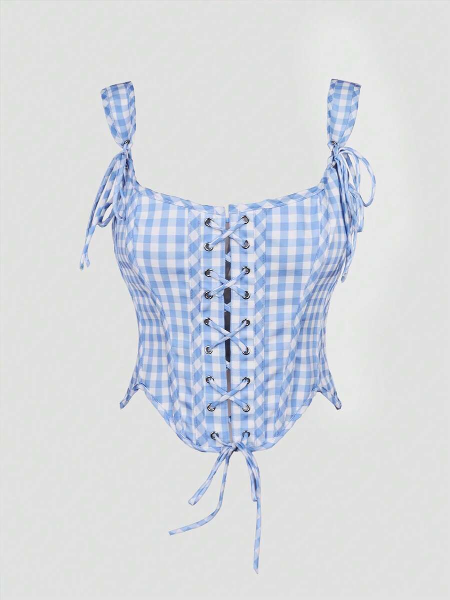 Apperloth women's red plaid corset top featuring a lace-up front with bow detail, shoulder straps, and a slim cropped fit.