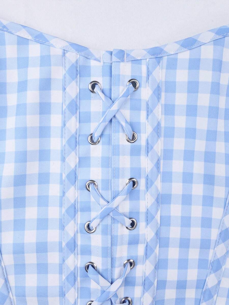 Apperloth women's red plaid corset top featuring a lace-up front with bow detail, shoulder straps, and a slim cropped fit.