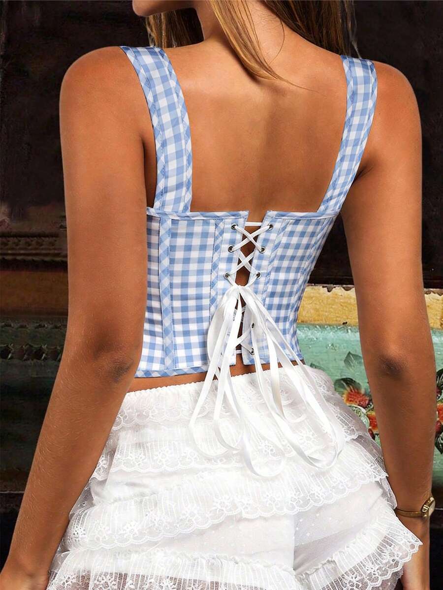 Apperloth women's red plaid corset top featuring a lace-up front with bow detail, shoulder straps, and a slim cropped fit.