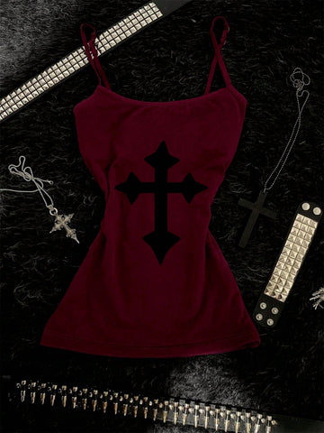 Burgundy cross pattern camisole top featuring spaghetti straps, ring accent, and a backless slim fit design.