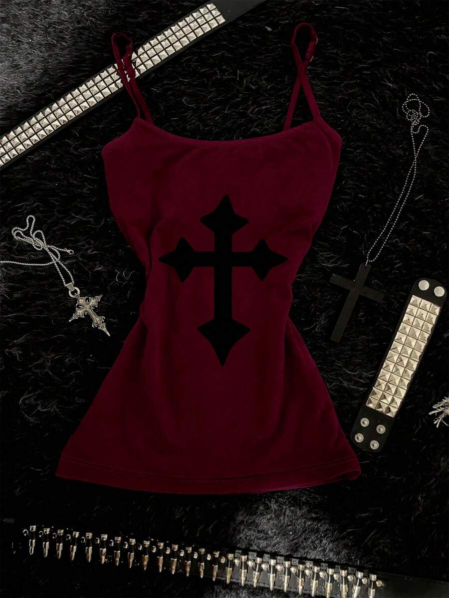 Burgundy cross pattern camisole top featuring spaghetti straps, ring accent, and a backless slim fit design.