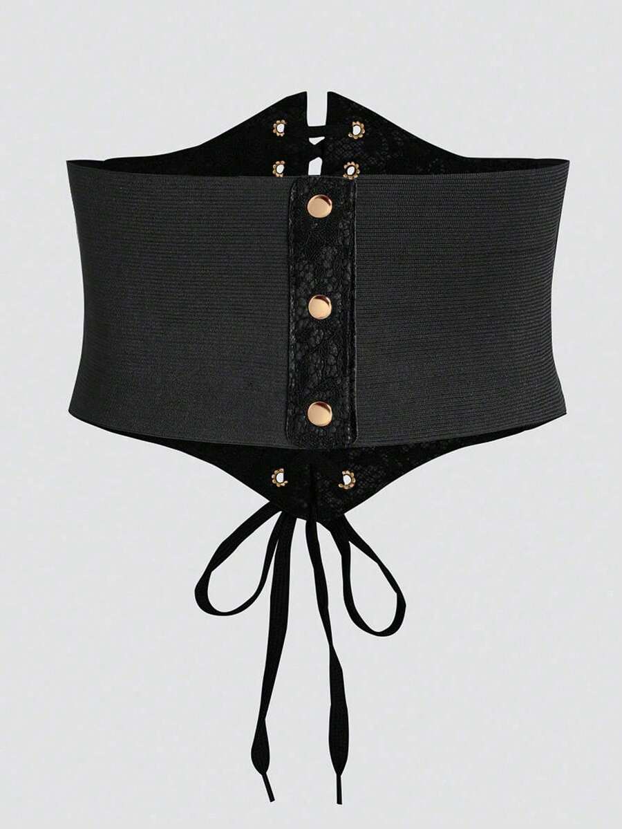 Black lace-up waist cincher with grommet eyelets, baroque pattern, medium stretch, and wide belt design for women.