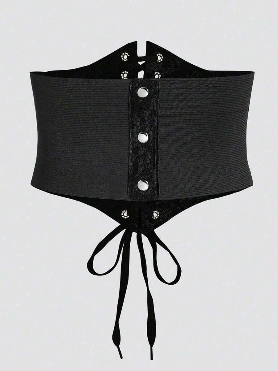 Black lace-up waist cincher with grommet eyelets, baroque pattern, medium stretch, and wide belt design for women.