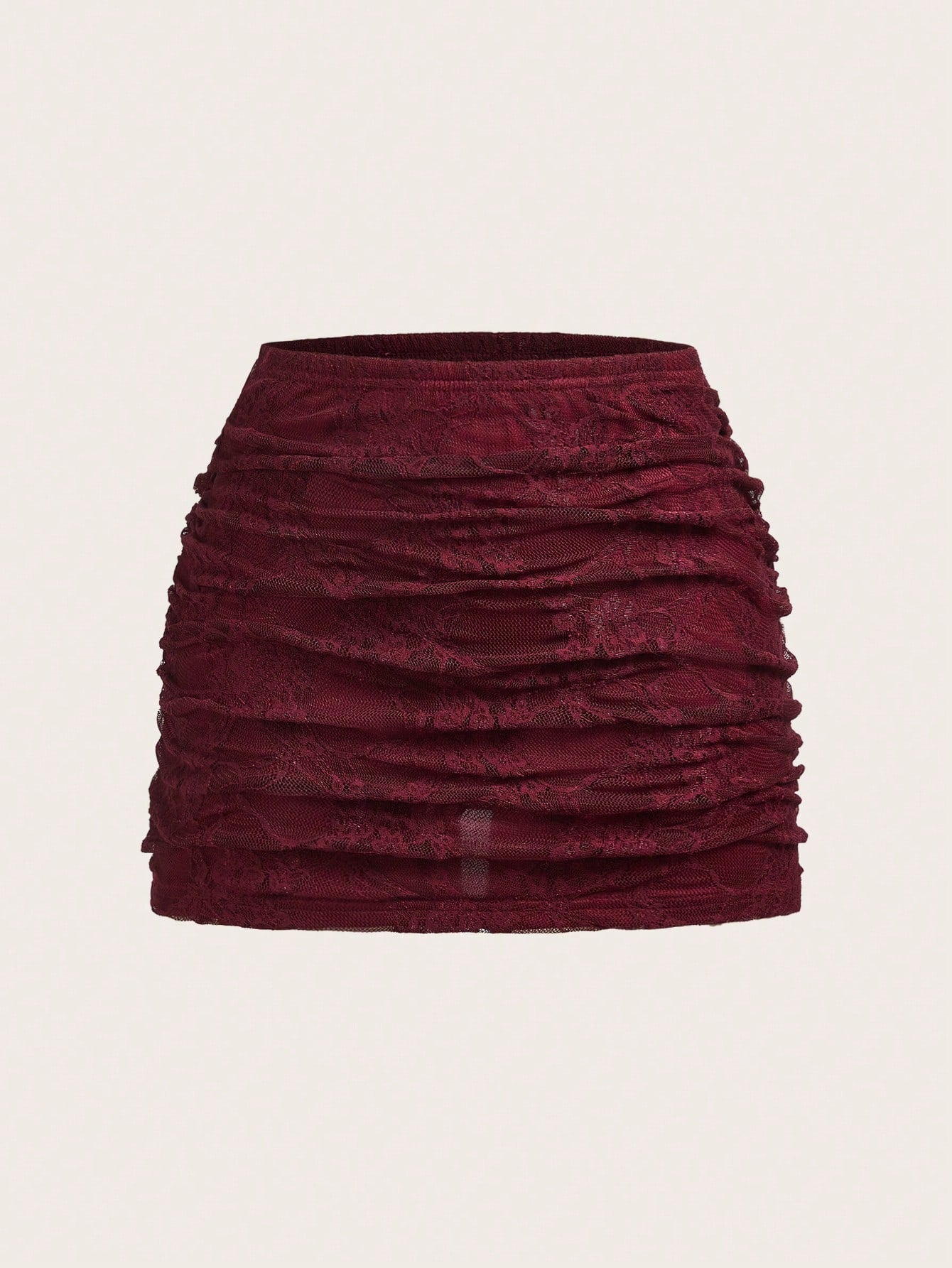 Women's black floral lace mini skirt featuring a ruched bodycon design, mid waist, and high stretch lined fabric.