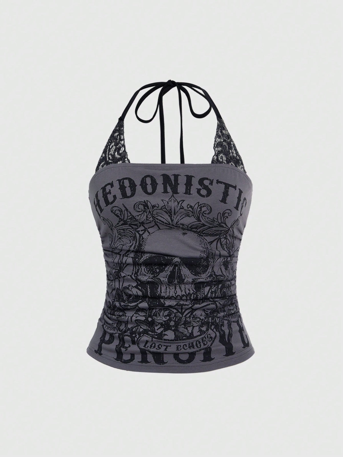 Women's distressed skull print halter crop top featuring 2-in-1 lace splicing design and a backless knot tie.