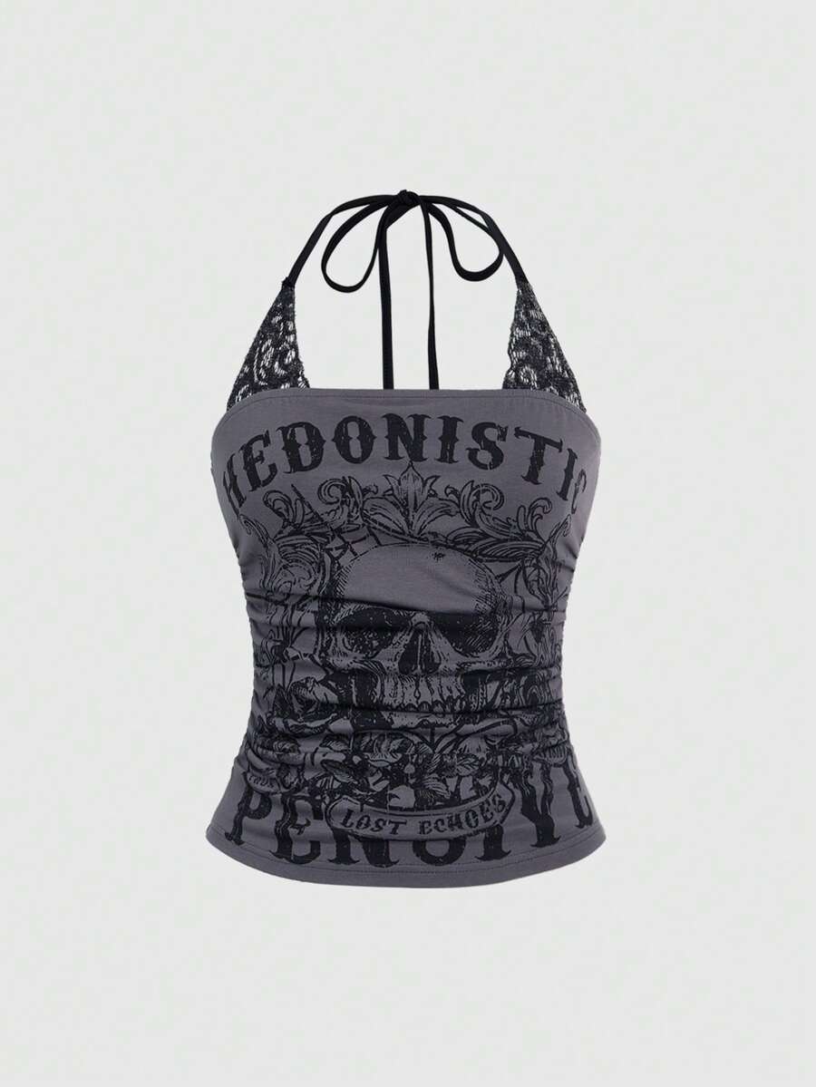 Women's distressed skull print halter crop top featuring 2-in-1 lace splicing design and a backless knot tie.