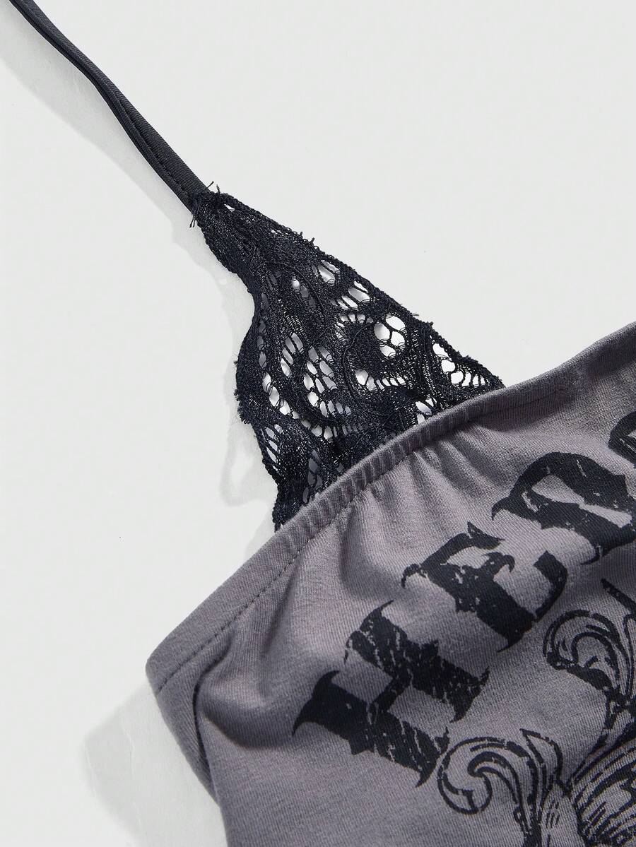 Women's distressed skull print halter crop top featuring 2-in-1 lace splicing design and a backless knot tie.