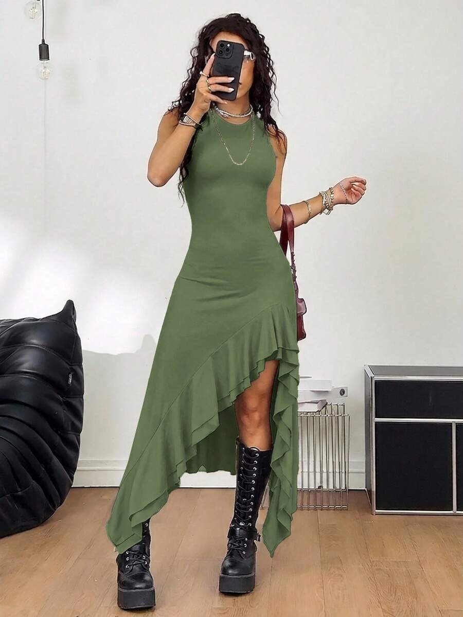 Women wearing a sleeveless army green long dress with a round neck and asymmetrical ruffle hem.