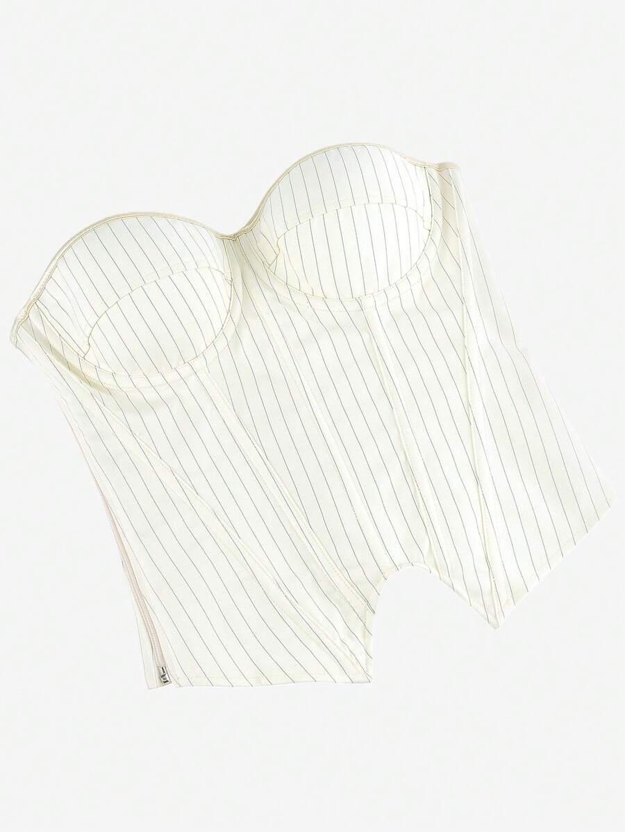 Black overbust corset top with strapless design, boned support, tie-back and zipper closure for women shapewear styling.