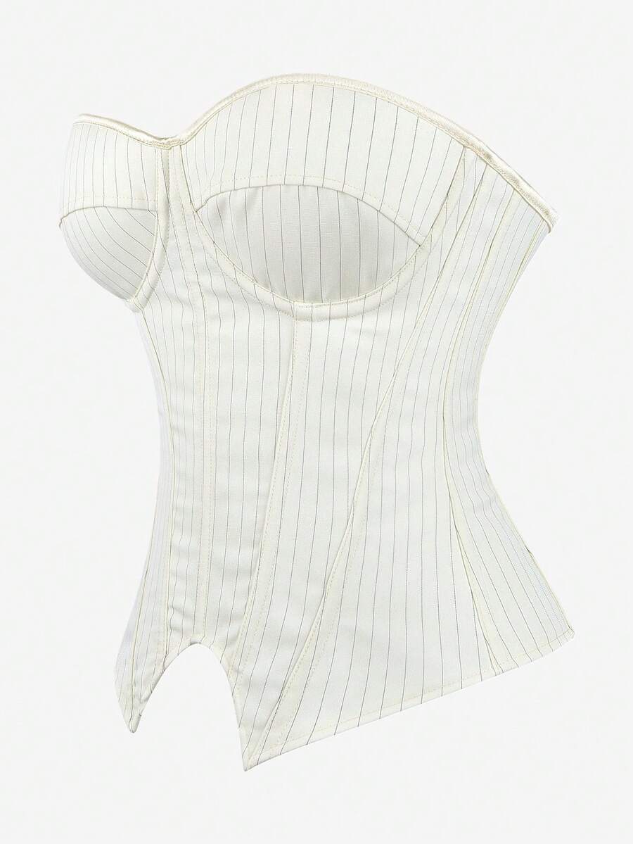Black overbust corset top with strapless design, boned support, tie-back and zipper closure for women shapewear styling.