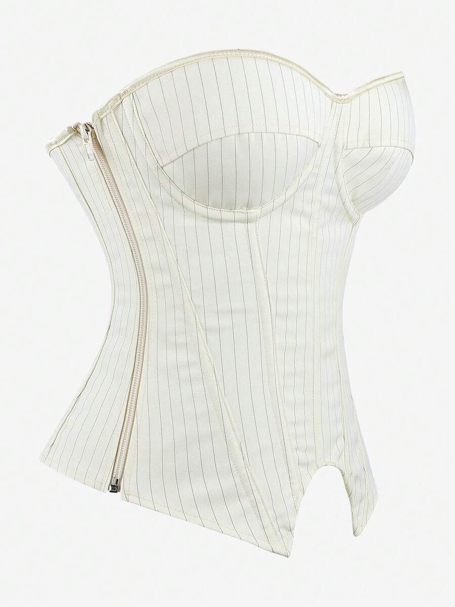 Black overbust corset top with strapless design, boned support, tie-back and zipper closure for women shapewear styling.