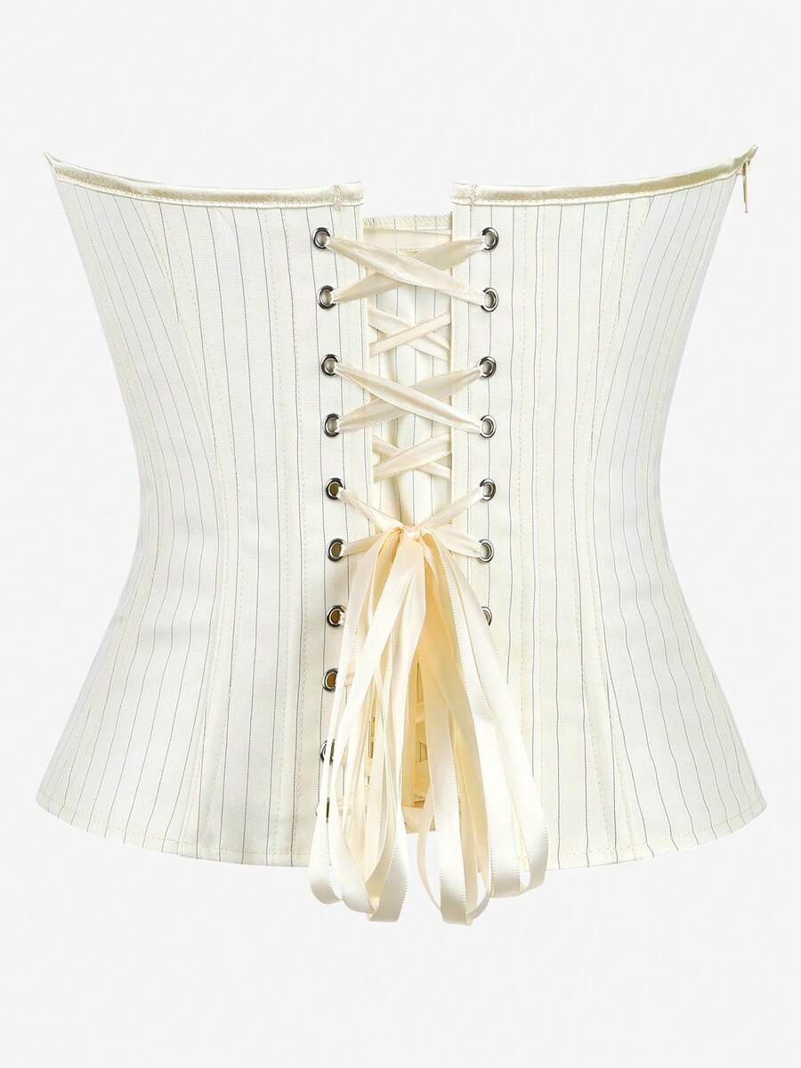 Black overbust corset top with strapless design, boned support, tie-back and zipper closure for women shapewear styling.