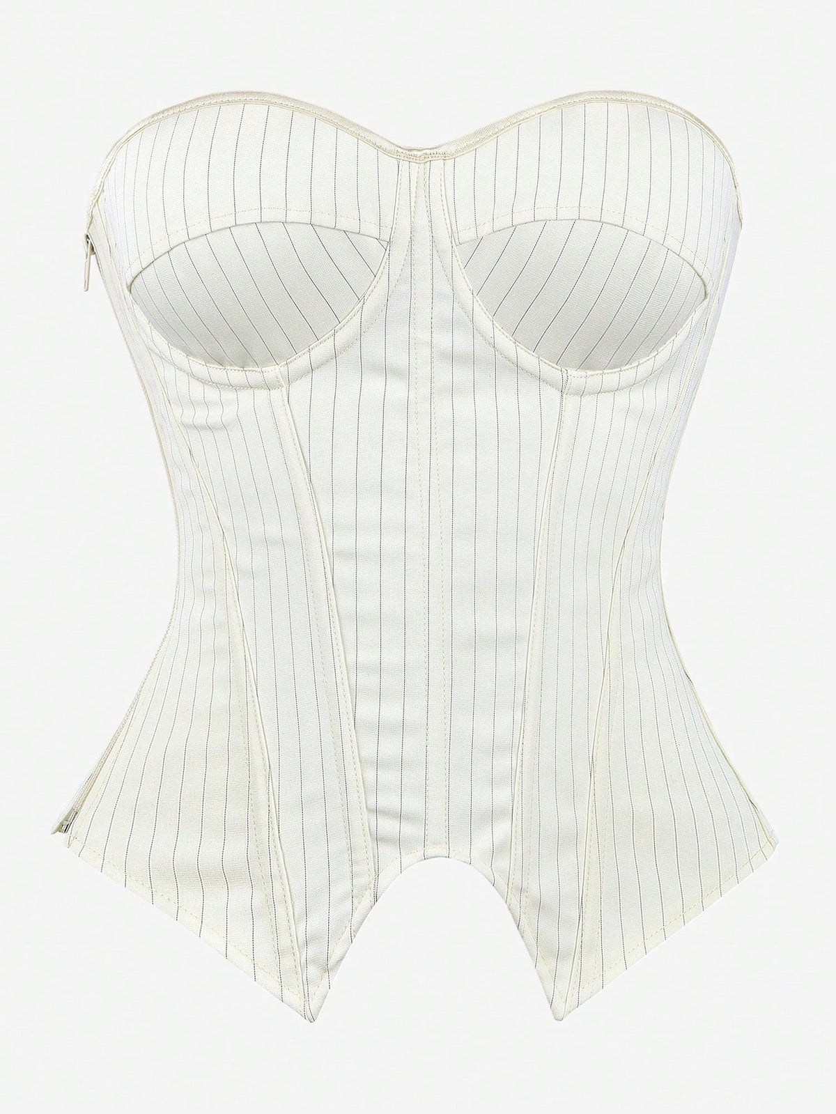 Black overbust corset top with strapless design, boned support, tie-back and zipper closure for women shapewear styling.