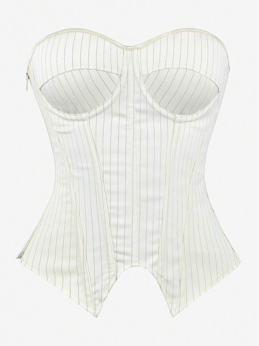 Black overbust corset top with strapless design, boned support, tie-back and zipper closure for women shapewear styling.