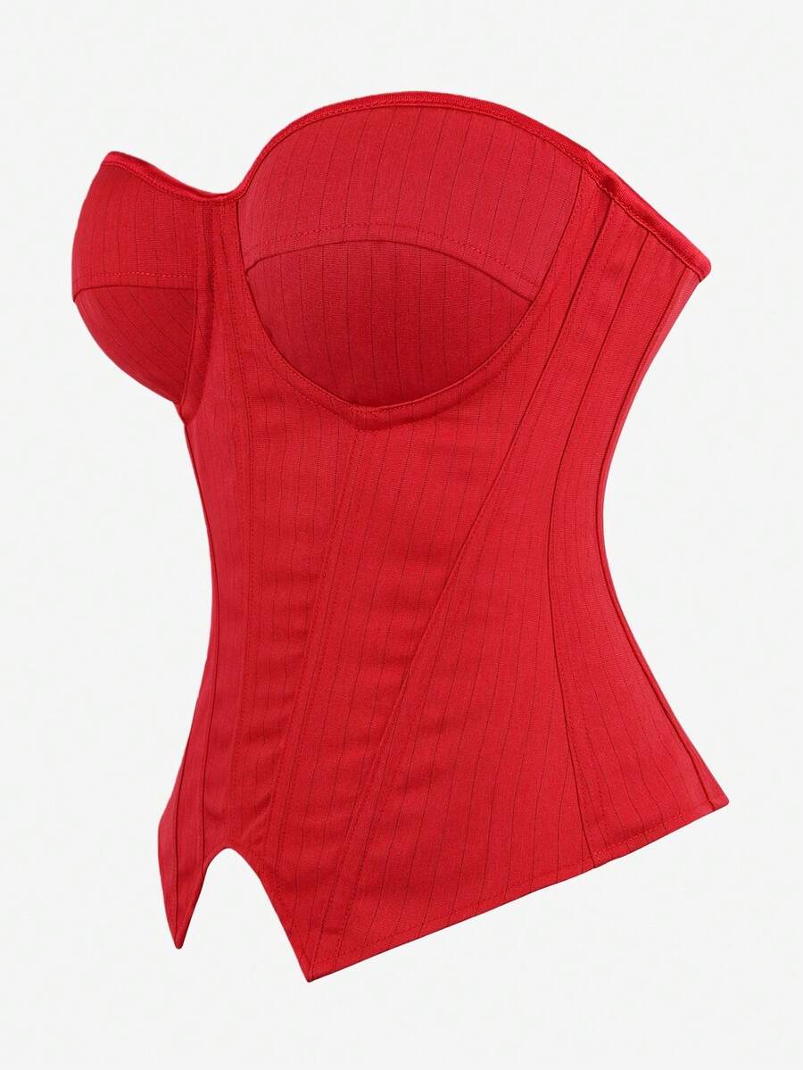Black overbust corset top with strapless design, boned support, tie-back and zipper closure for women shapewear styling.