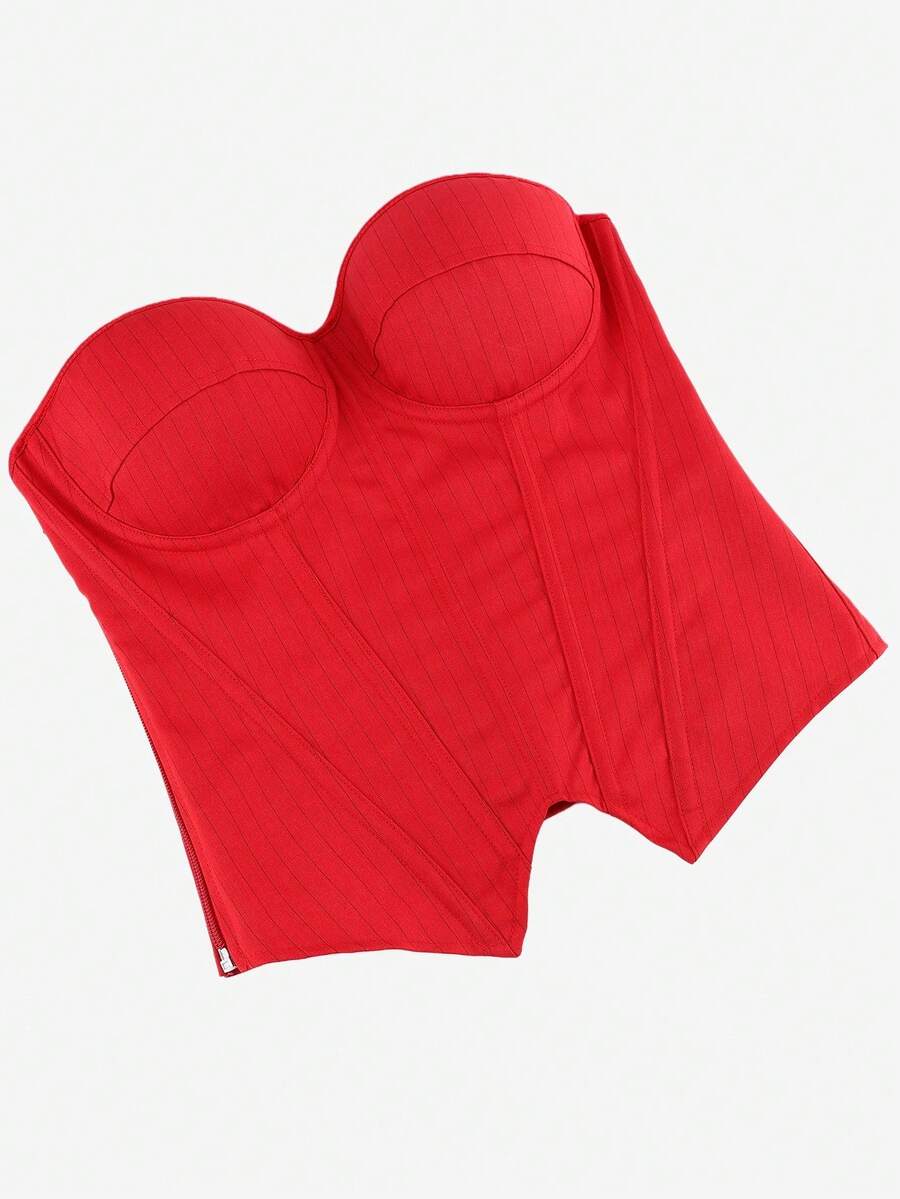 Black overbust corset top with strapless design, boned support, tie-back and zipper closure for women shapewear styling.