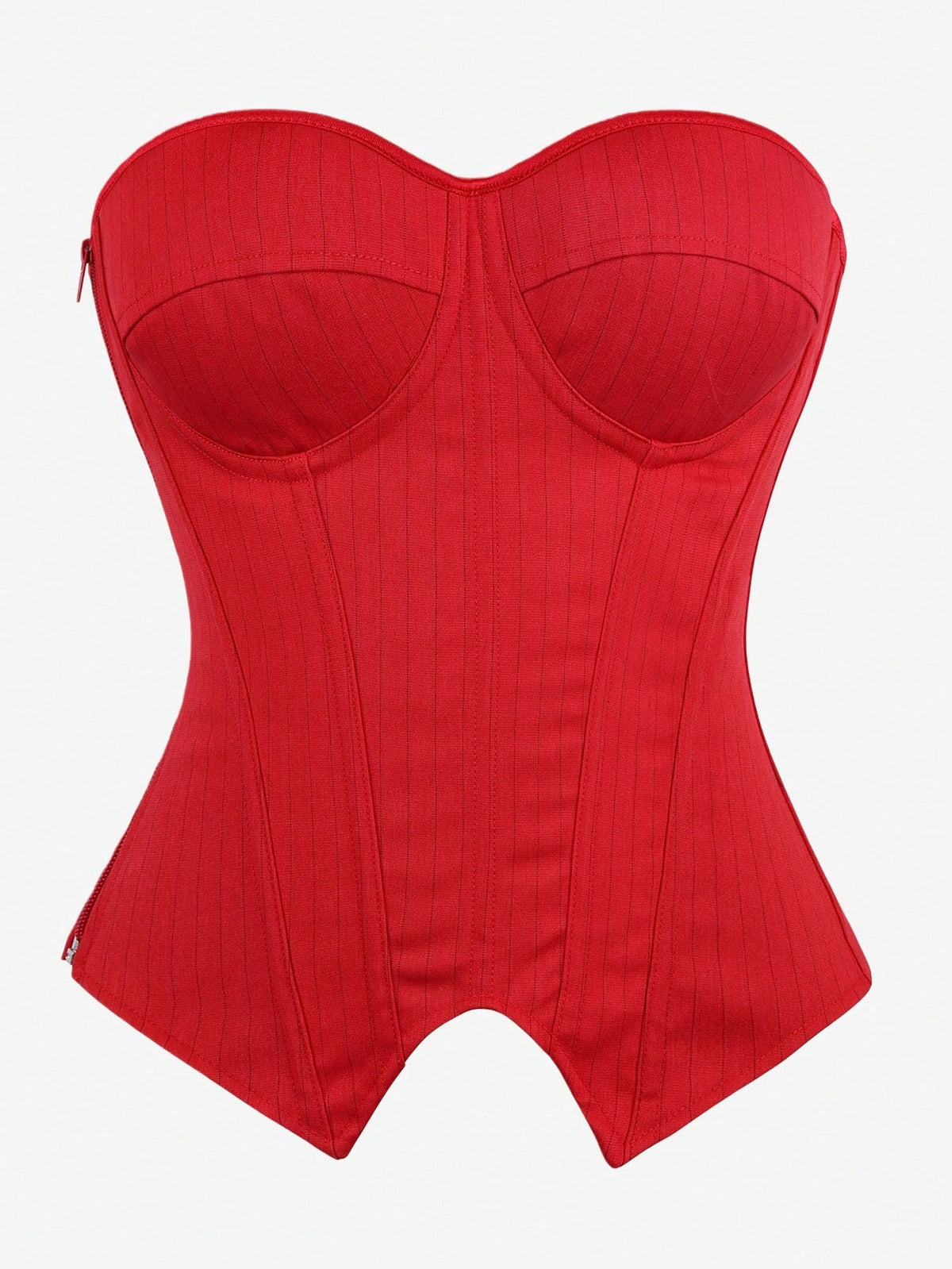 Black overbust corset top with strapless design, boned support, tie-back and zipper closure for women shapewear styling.