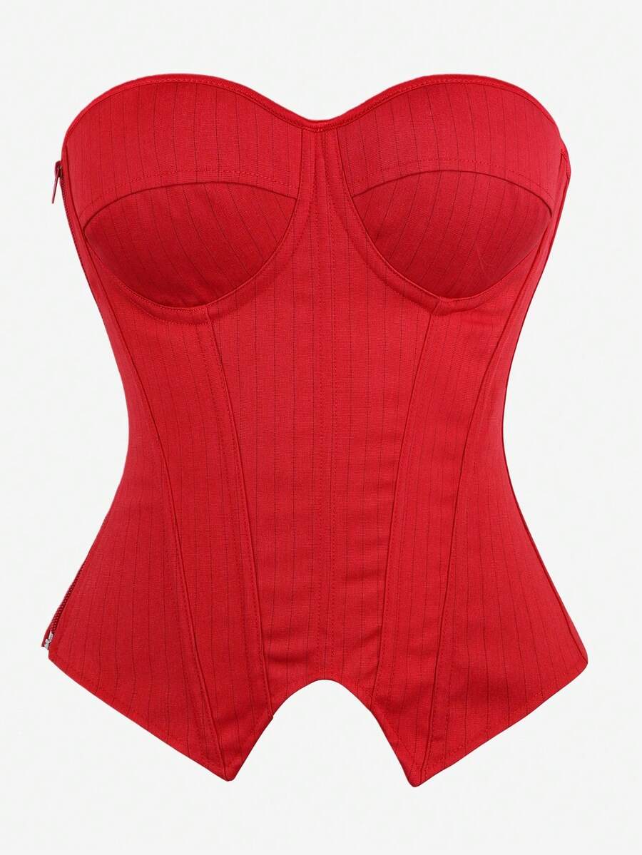 Black overbust corset top with strapless design, boned support, tie-back and zipper closure for women shapewear styling.