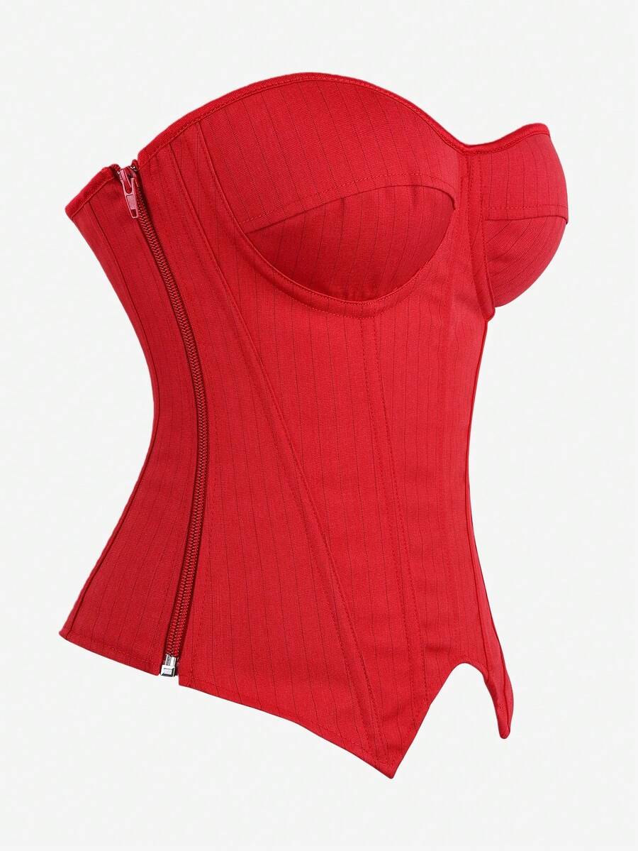 Black overbust corset top with strapless design, boned support, tie-back and zipper closure for women shapewear styling.