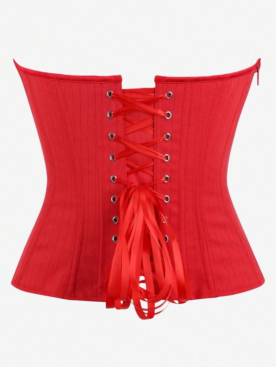 Black overbust corset top with strapless design, boned support, tie-back and zipper closure for women shapewear styling.