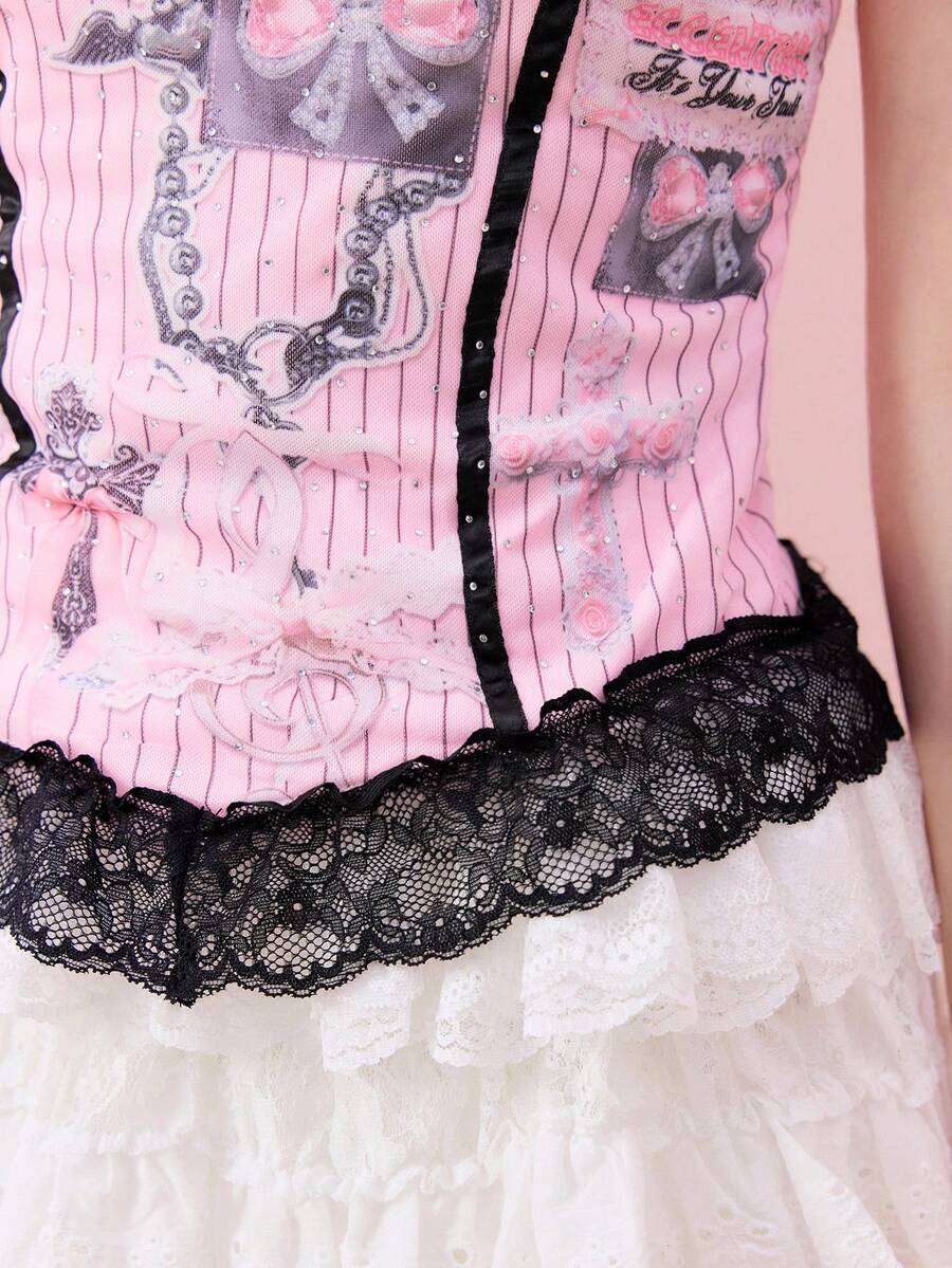Pink slim fit camisole for women featuring contrast lace patchwork, bow detail, rhinestone accents, and spaghetti straps in mesh fabric.