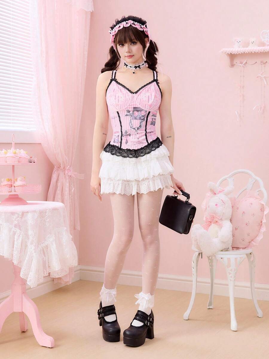 Pink slim fit camisole for women featuring contrast lace patchwork, bow detail, rhinestone accents, and spaghetti straps in mesh fabric.