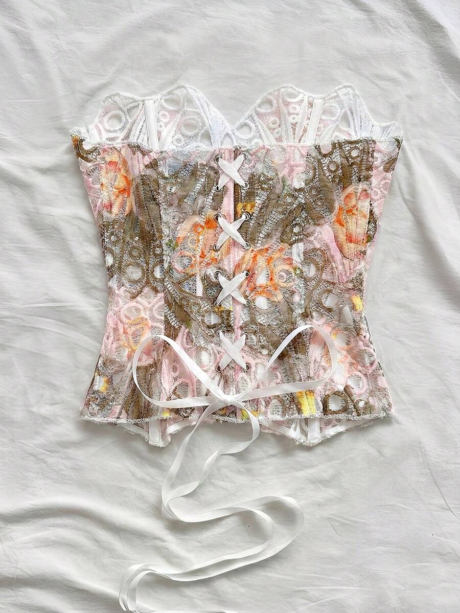 Strapless floral lace corset top with lace-up detail, asymmetrical hem, and slim fit for women.