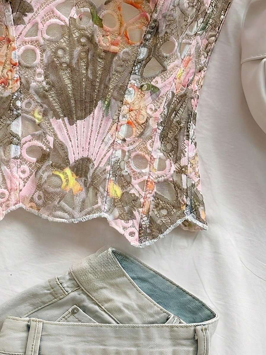 Strapless floral lace corset top with lace-up detail, asymmetrical hem, and slim fit for women.