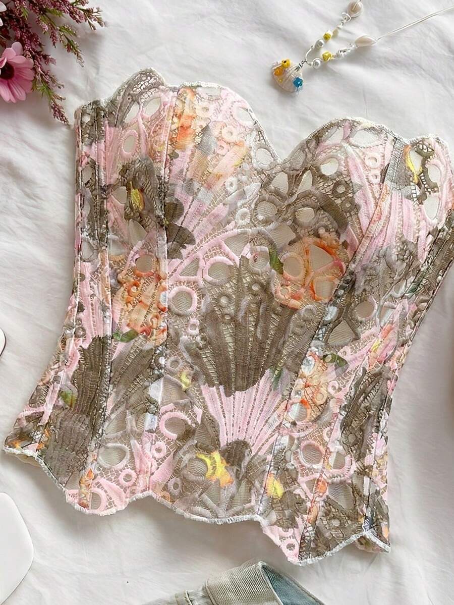 Strapless floral lace corset top with lace-up detail, asymmetrical hem, and slim fit for women.