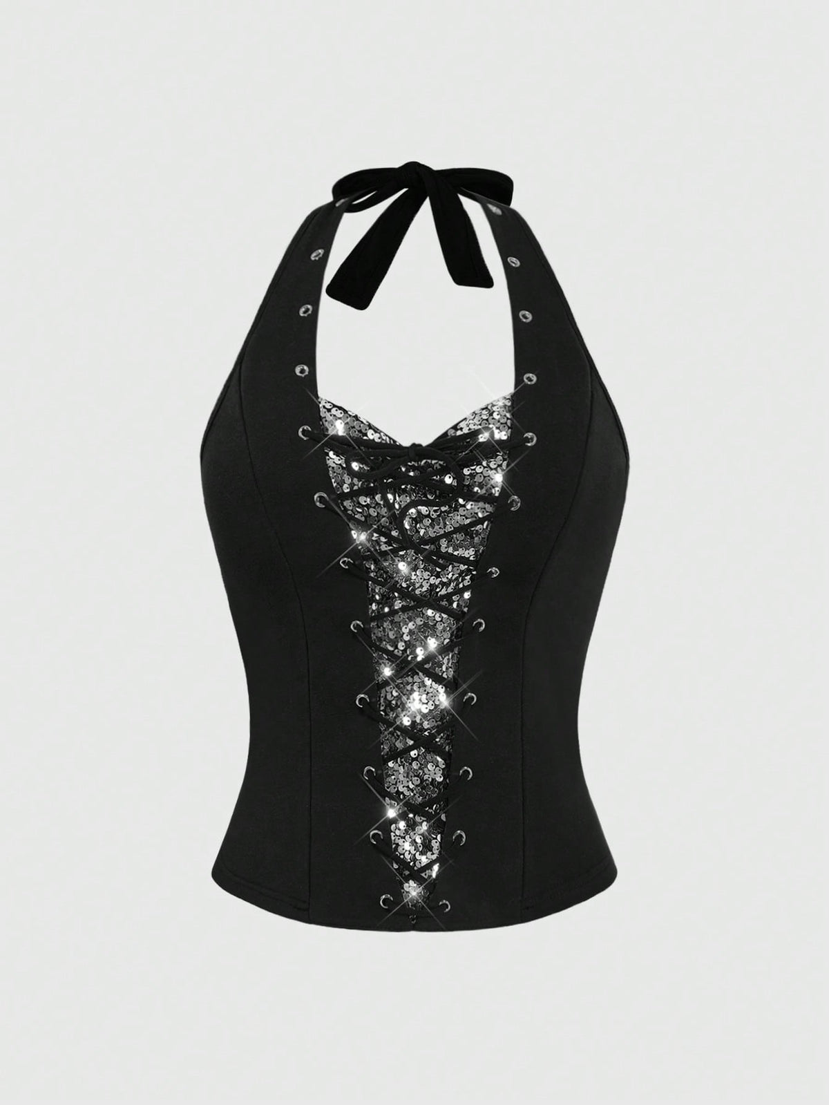 Black sequin halter crop top for women with keyhole tie-up front and backless slim fit design.