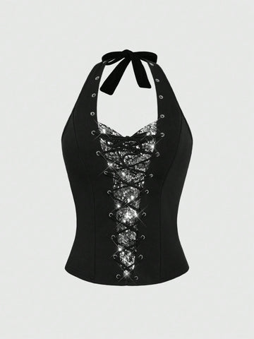 Black sequin halter crop top for women with keyhole tie-up front and backless slim fit design.