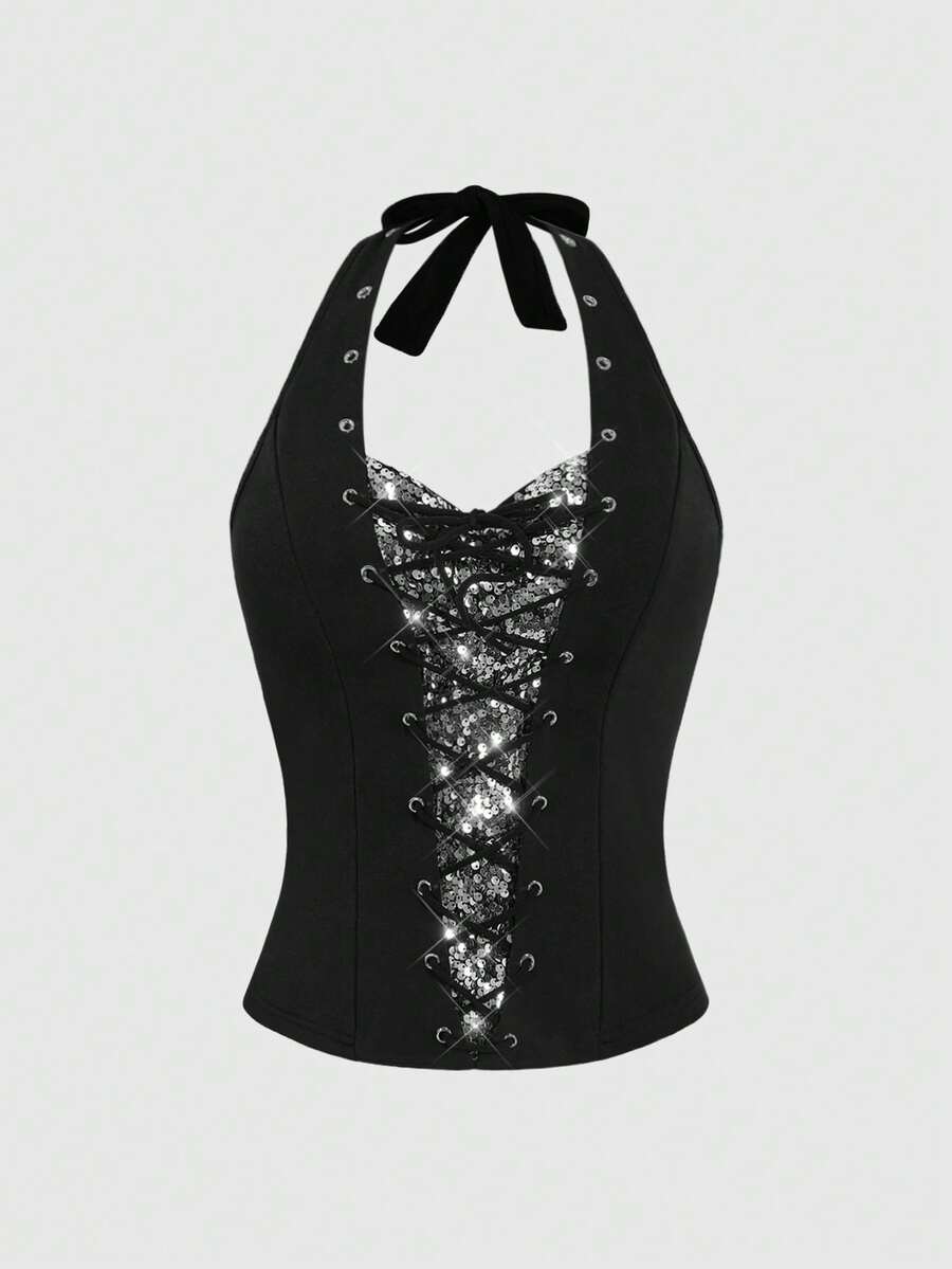 Black sequin halter crop top for women with keyhole tie-up front and backless slim fit design.