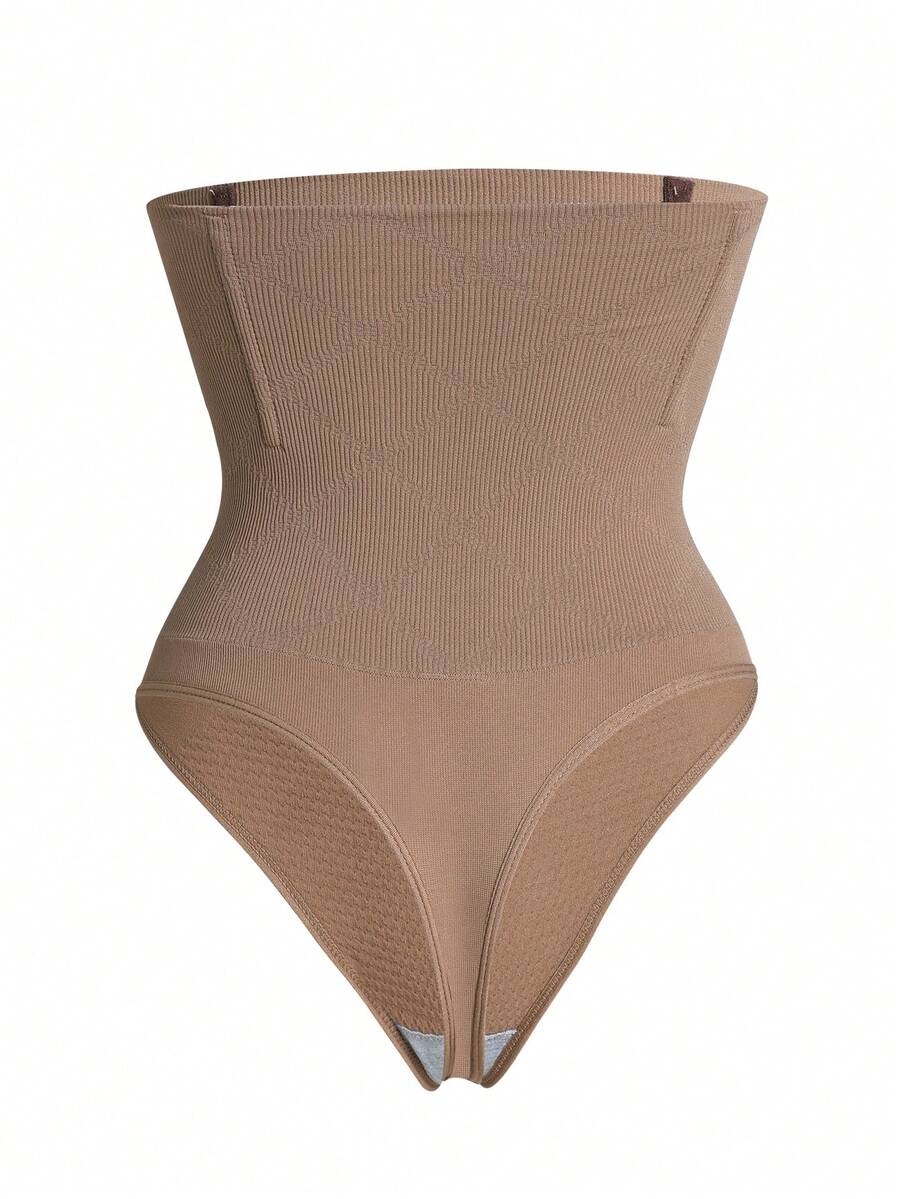 Black high waist seamless tummy control panties for women featuring high-stretch knitted fabric and contrast mesh details.