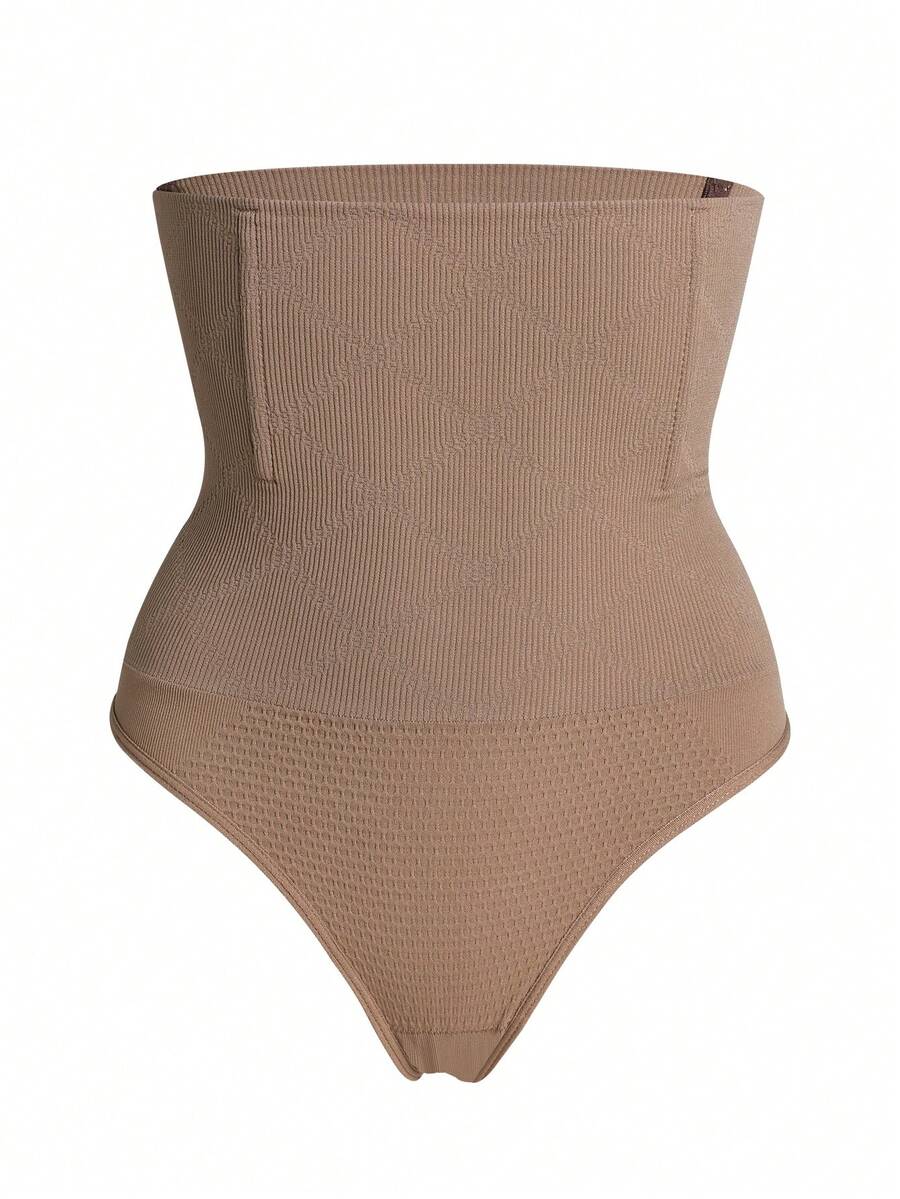 Black high waist seamless tummy control panties for women featuring high-stretch knitted fabric and contrast mesh details.