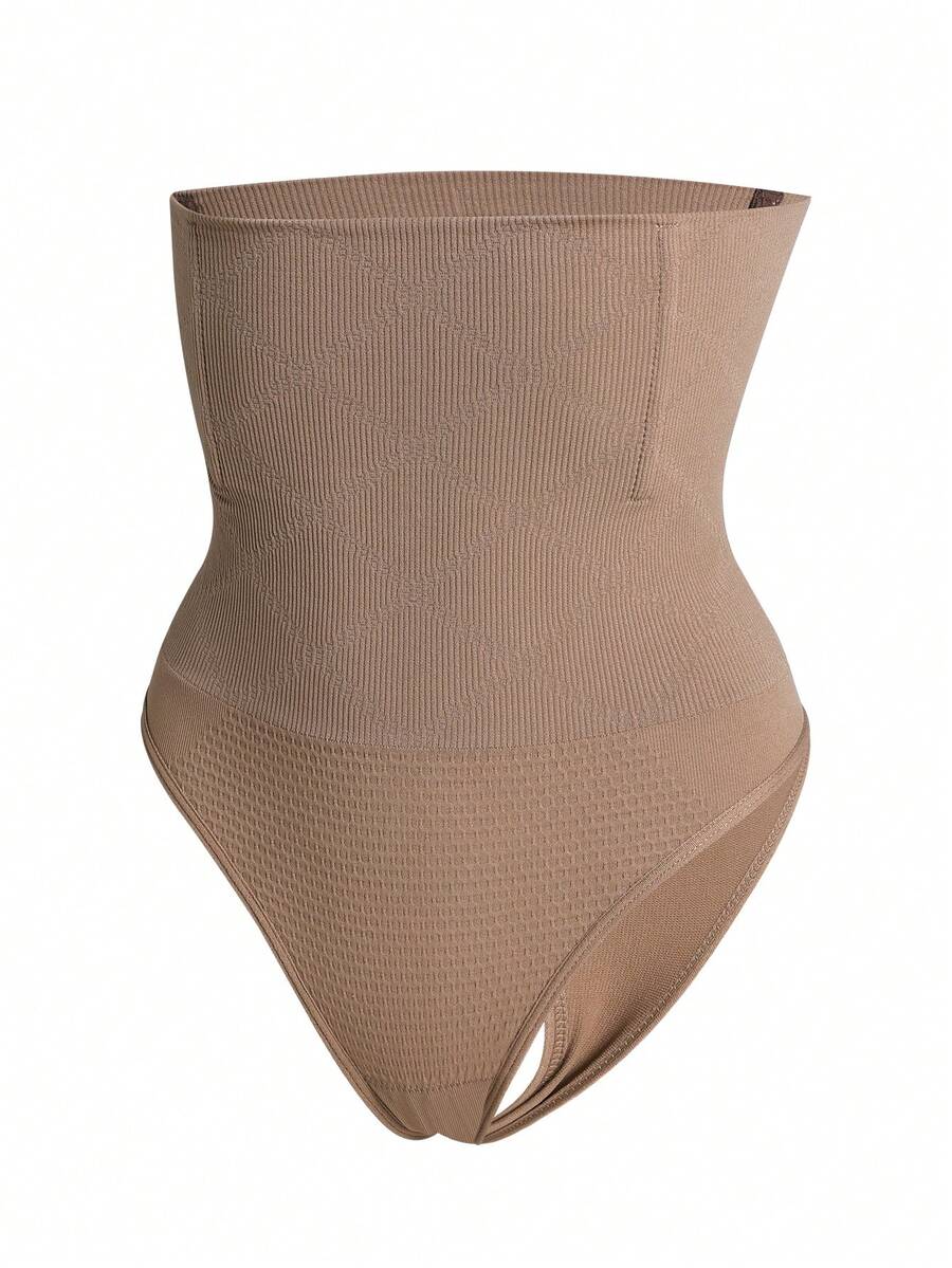 Black high waist seamless tummy control panties for women featuring high-stretch knitted fabric and contrast mesh details.