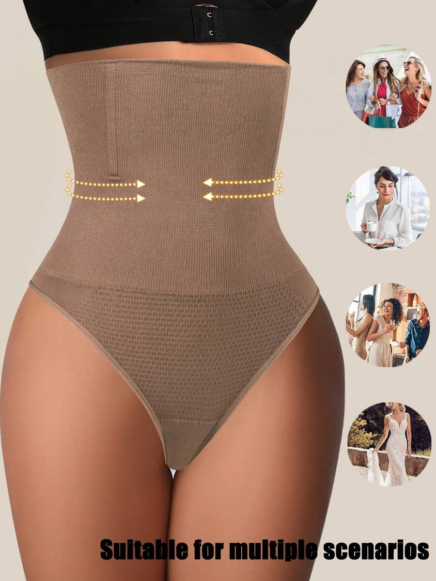 Black high waist seamless tummy control panties for women featuring high-stretch knitted fabric and contrast mesh details.