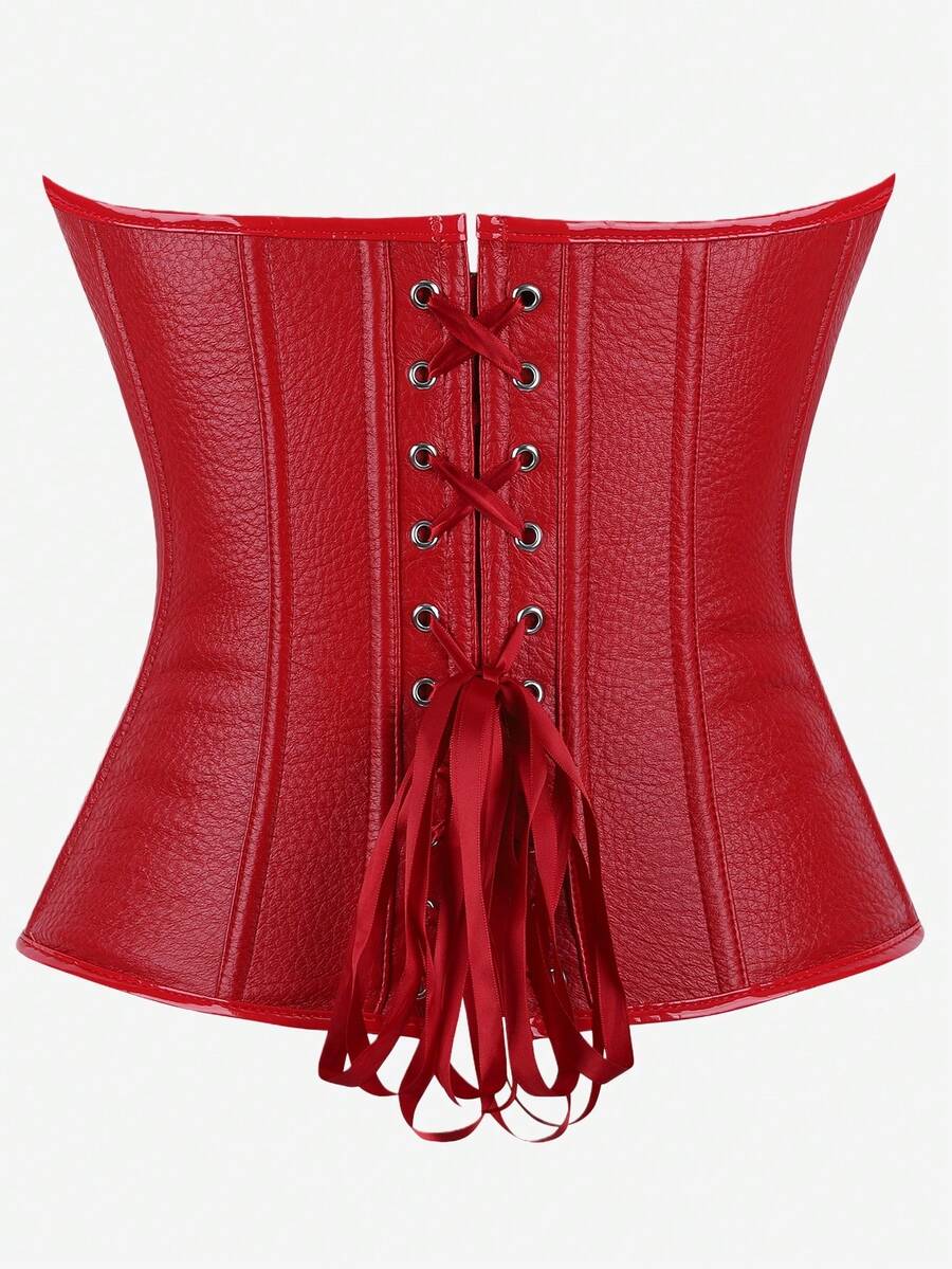 Black overbust corset bustier top featuring a front zipper, boned structure, and back tie grommets for waist shaping.