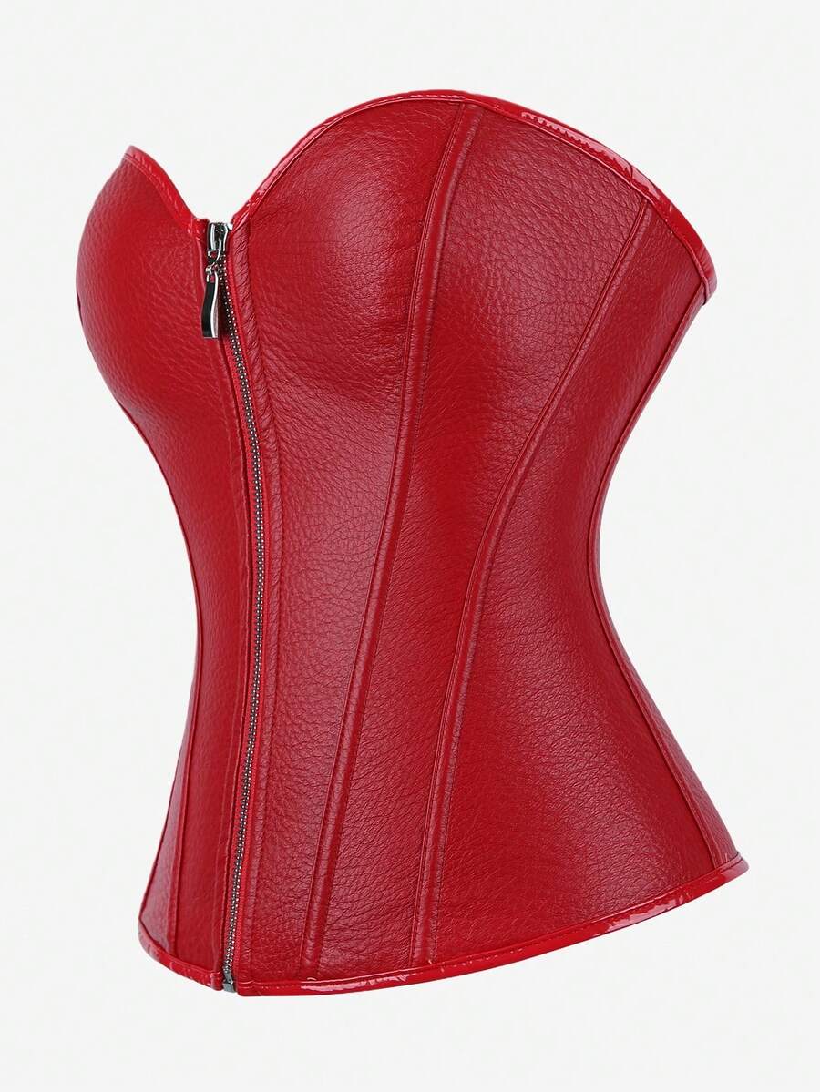 Black overbust corset bustier top featuring a front zipper, boned structure, and back tie grommets for waist shaping.