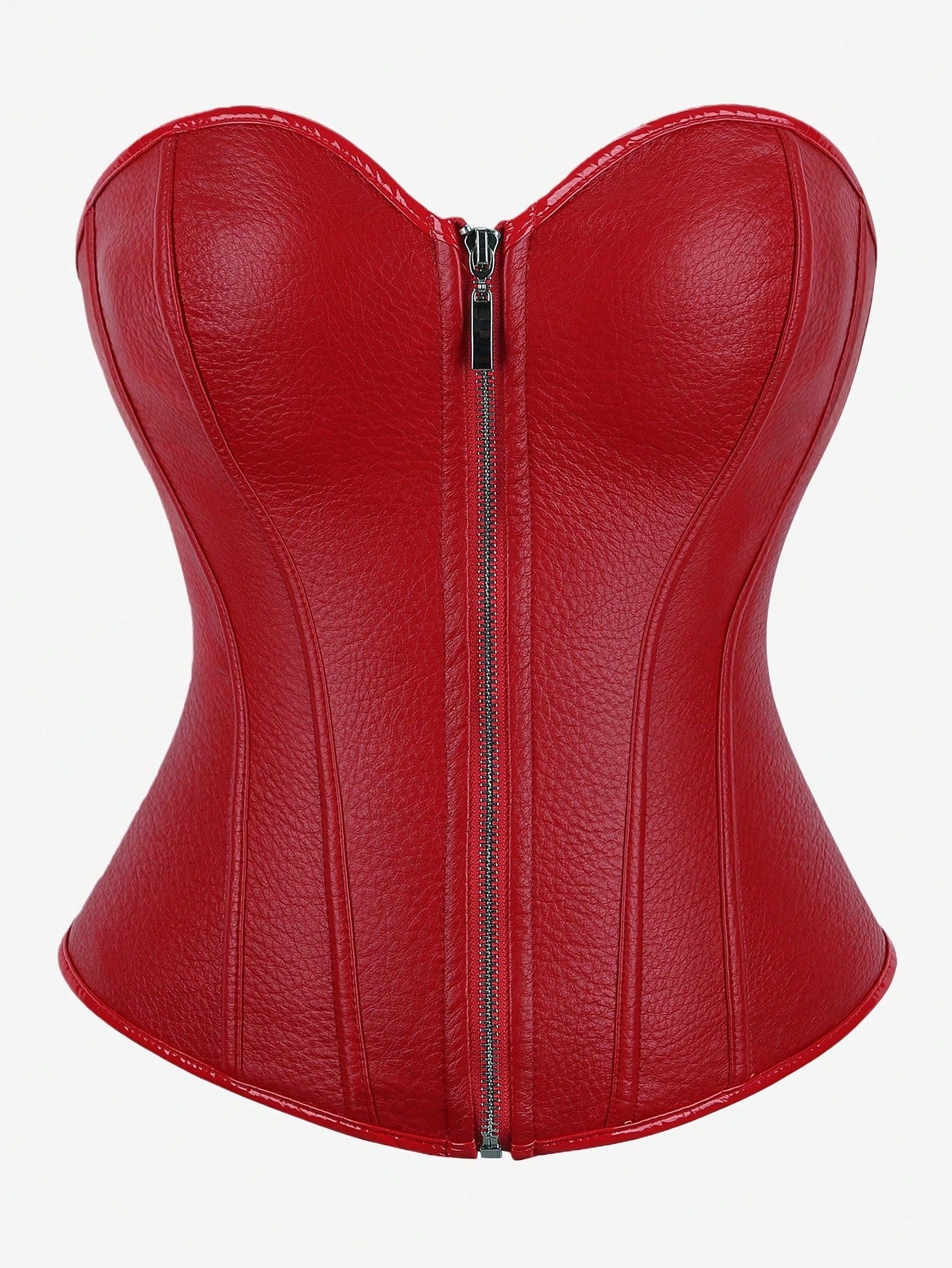 Black overbust corset bustier top featuring a front zipper, boned structure, and back tie grommets for waist shaping.