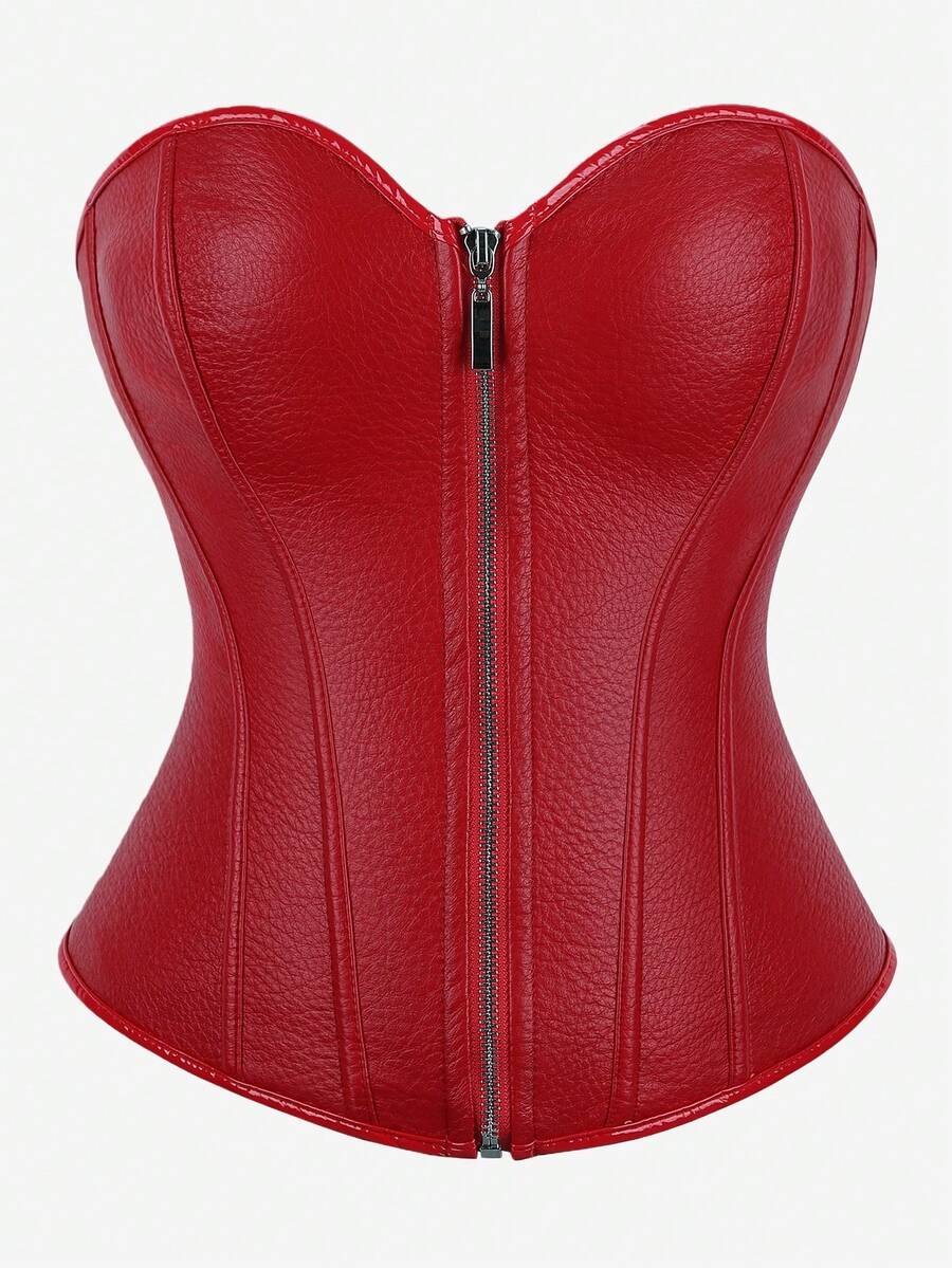 Black overbust corset bustier top featuring a front zipper, boned structure, and back tie grommets for waist shaping.
