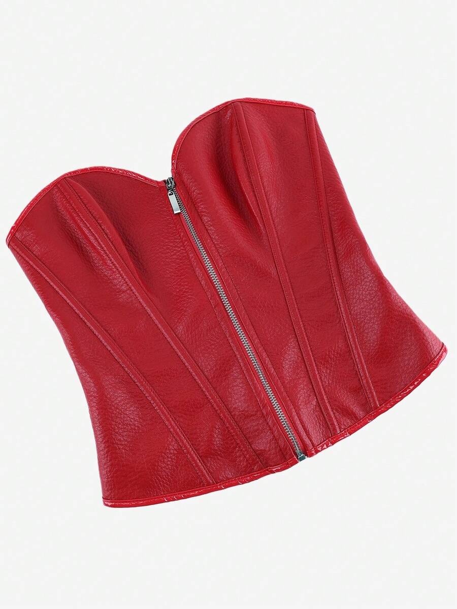 Black overbust corset bustier top featuring a front zipper, boned structure, and back tie grommets for waist shaping.
