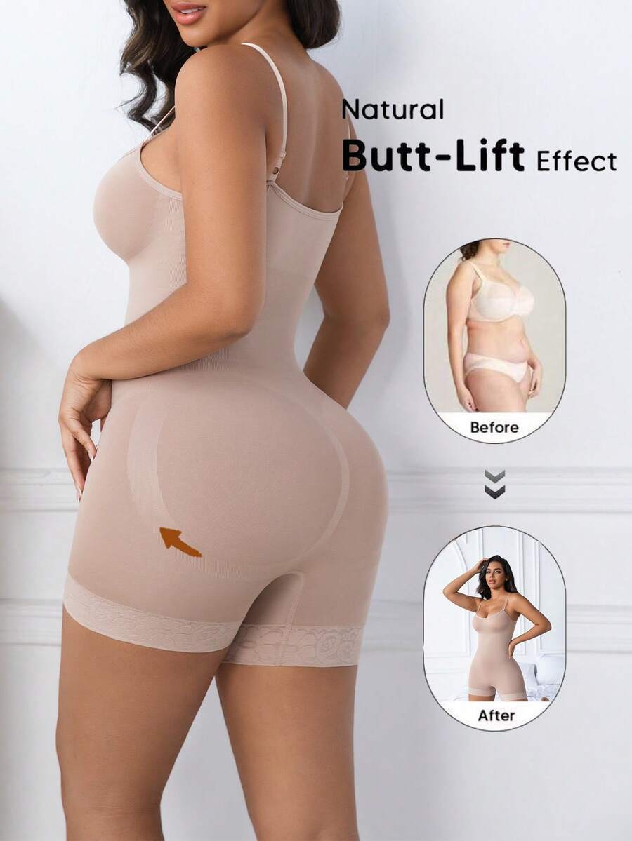 Women's black seamless lace shapewear jumpsuit with spaghetti straps featuring tummy control and full-length coverage.