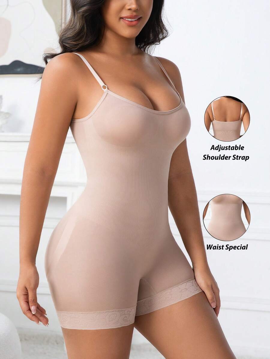 Women's black seamless lace shapewear jumpsuit with spaghetti straps featuring tummy control and full-length coverage.
