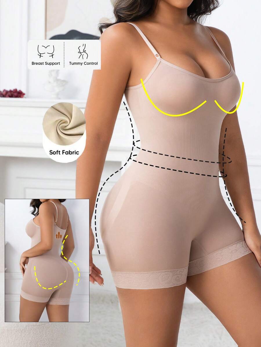 Women's black seamless lace shapewear jumpsuit with spaghetti straps featuring tummy control and full-length coverage.