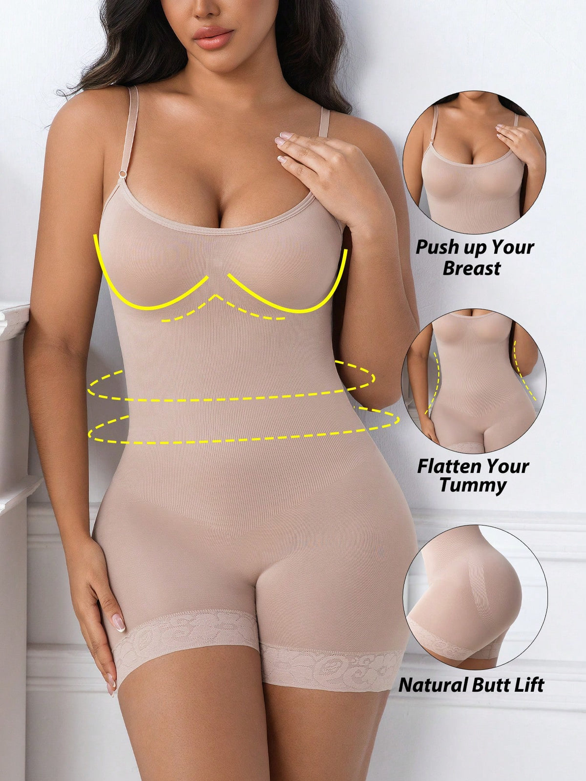 Women's black seamless lace shapewear jumpsuit with spaghetti straps featuring tummy control and full-length coverage.