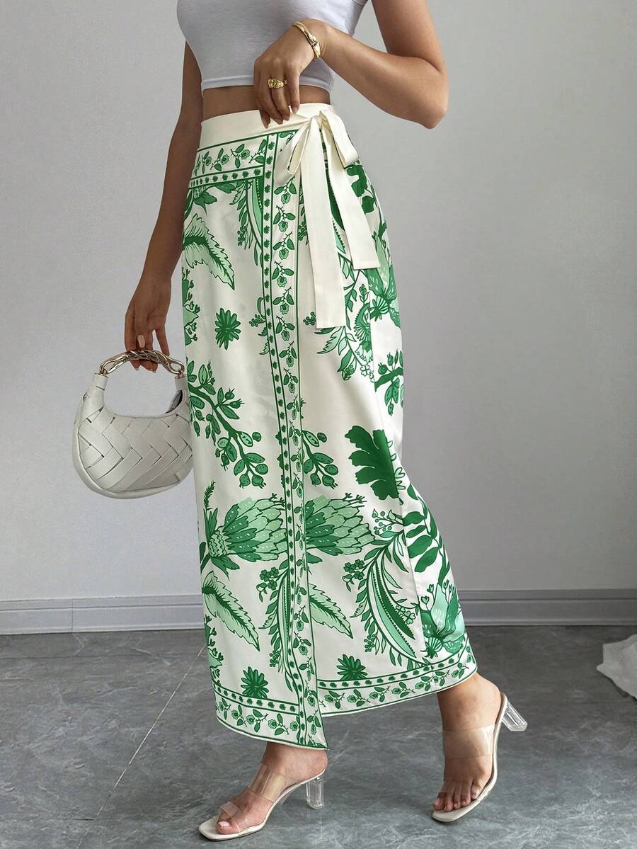 women's multicolor floral print wrap skirt featuring a high-waisted tie belt, A-line long silhouette, and boho woven fabric.