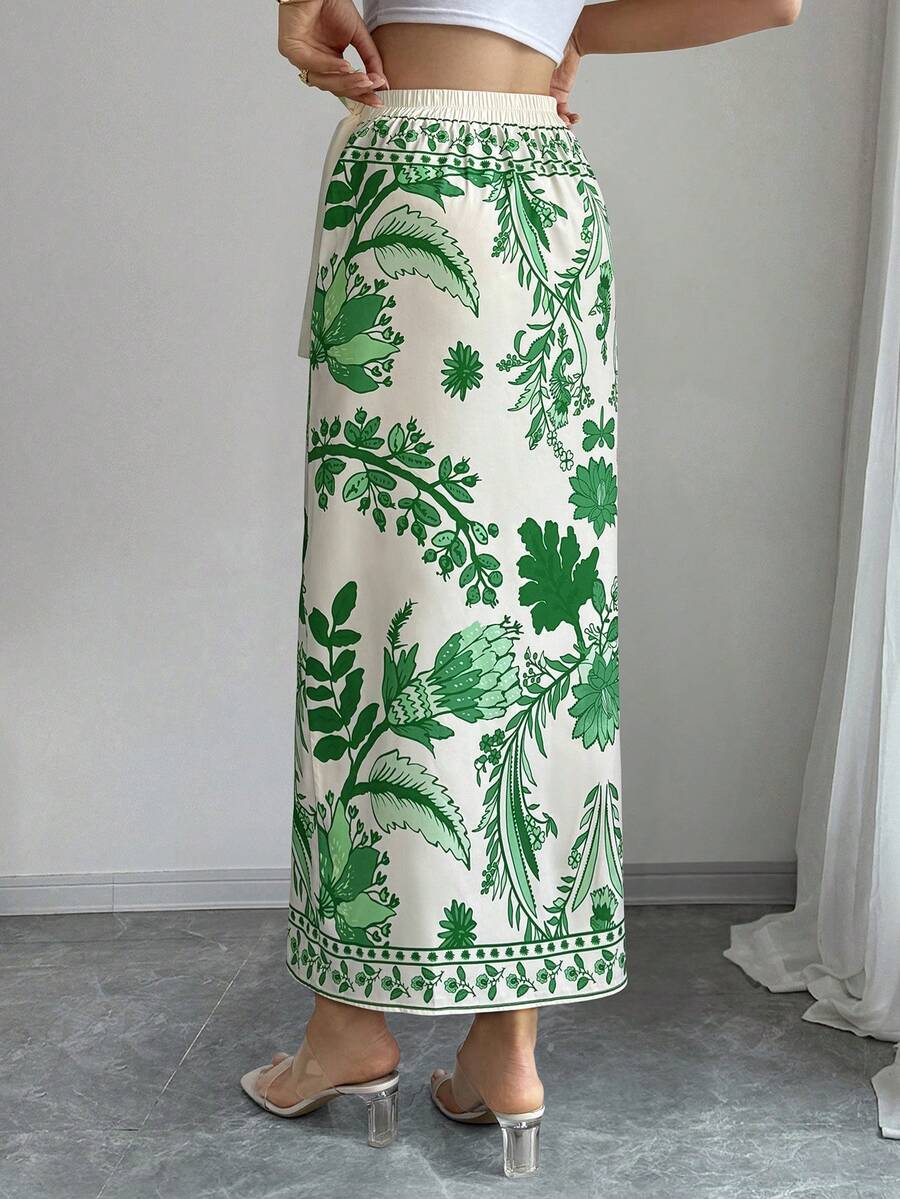 women's multicolor floral print wrap skirt featuring a high-waisted tie belt, A-line long silhouette, and boho woven fabric.