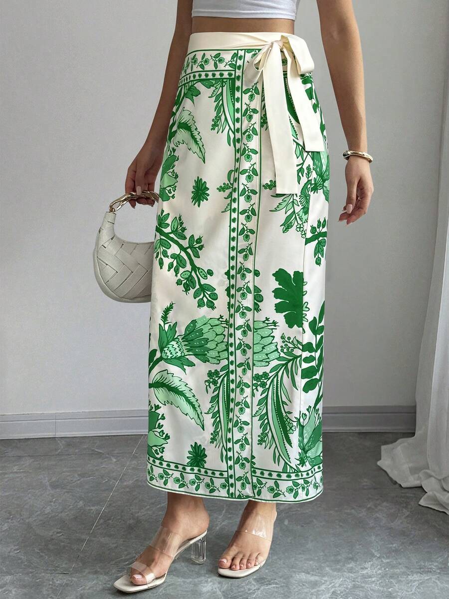 women's multicolor floral print wrap skirt featuring a high-waisted tie belt, A-line long silhouette, and boho woven fabric.